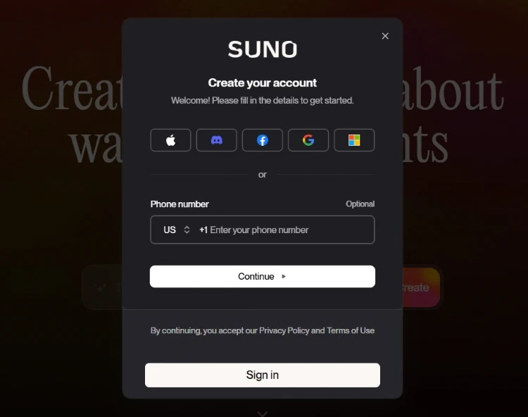 Sign up for Suno