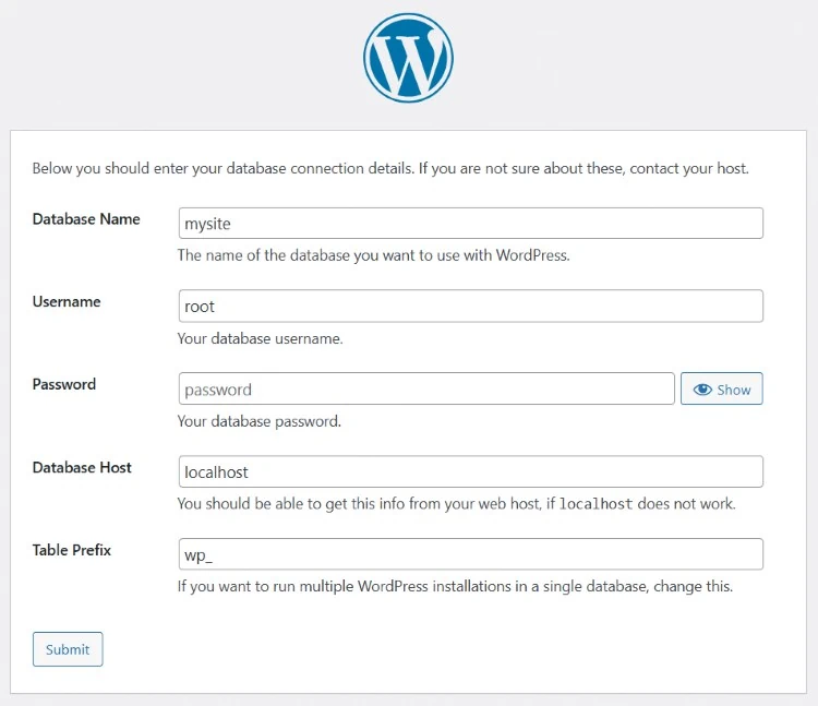 为 WordPress 填写数据库信息